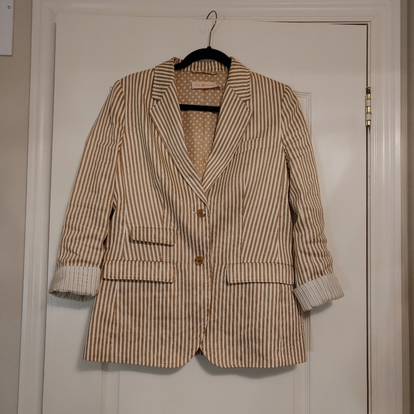 Tory Burch Womens Jacket Size 6 Beige Striped Linen Cotton Blazer Coat $598 - Picture 5 of 9